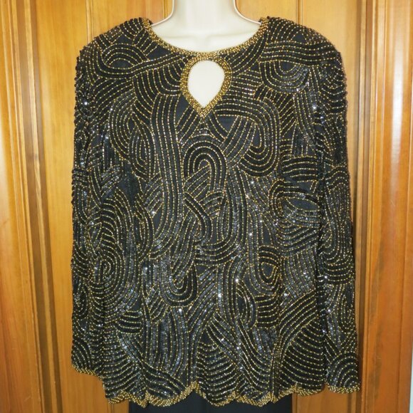 VTG Royal Feelings Black Evening Top Gold Beads Silk Cocktail Size 1X - Picture 8 of 9